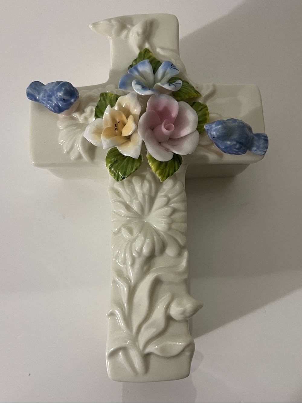 Porcelain Floral Cross with Blue Birds.  Vintage Keepsake Trinket Box